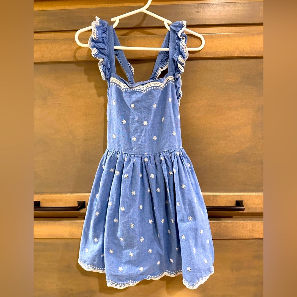 Girls Blue Cotton Dress with Embroidery Detail